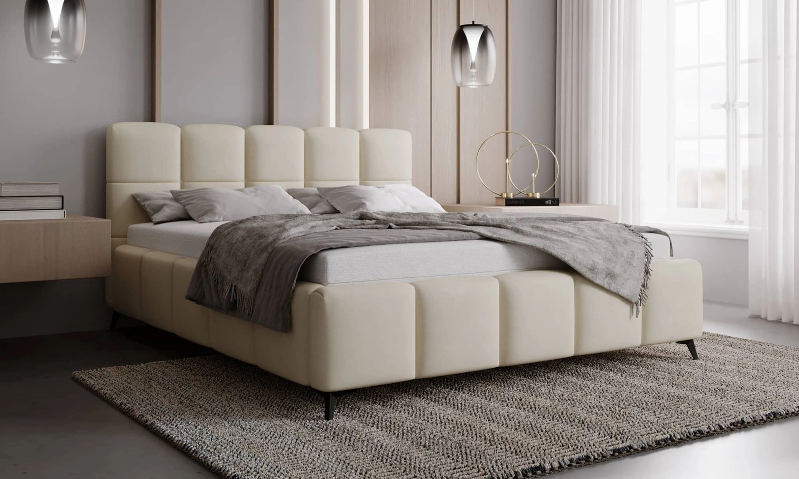 Łóżko z pojemnikiem Olne 140x200 cm Amor Velvet 4323 Beżowe