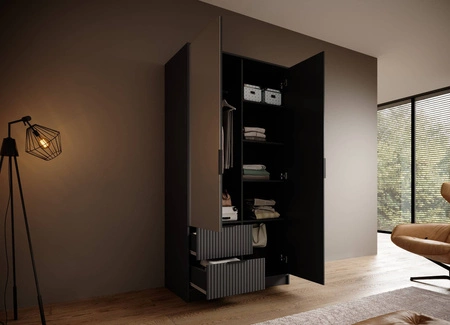 Szafa z lustrem Norel 102 cm grafitowa stylowa szafa o nowoczesnym designie z ryflowanymi frontami i pojemnymi szufladami