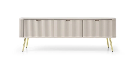 Szafka RTV Zoya 168 cm beżowa nowoczesny design bryła osadzona na złotych nogach ryflowany front charakterystyczny owalny kształt