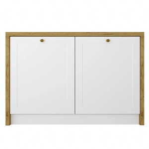 Wyspa kuchenna Adele 127 cm dąb artisan / biały funkcjonalny mebel kuchenny z szafkami odporny na działanie wilgoci metalowe uchwyty