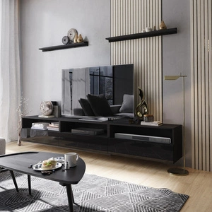 Szafka RTV wisząca Kaires 258 cm czarna / czarny połysk z półkami elegancki i stylowy design wpisujący się w każde wnętrze