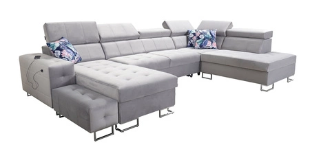 Narożnik z funkcją spania Hampton VI beżowy lewostronny funkcjonalny narożnik do salonu z ruchomą dostawką oraz półką