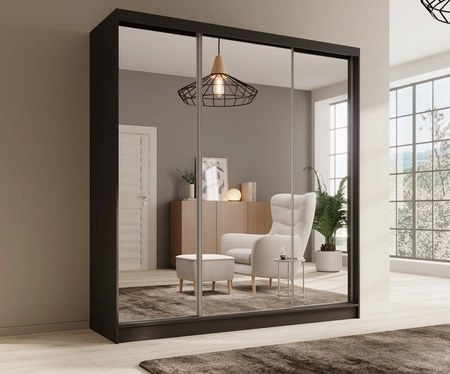 Szafa przesuwna z lustrem Tola 200 cm czarna połączenie nowoczesnego designu z praktycznością szafa z wewnętrznymi szufladami