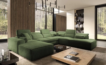 Narożnik z funkcją spania Viano X zielony lewostronny designerski narożnik do salonu w nowoczesnym stylu regulowane zagłówki