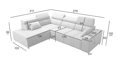 Narożnik z funkcją spania Castel VII błękitny lewostronny stylowy narożnik z pojemnikiem na pościel i regulowanymi zagłówkami