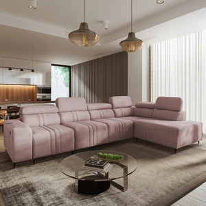 Narożnik z funkcją spania Castel XI różowy prawostronny komfortowy narożnik z pojemnikiem na pościel wytrzymała tkanina