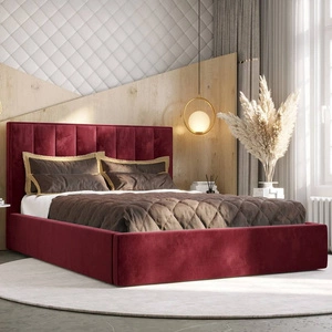 Łóżko tapicerowane Rinus 160x200 z pojemnikiem bordowy w nowoczesnym skandynawskim stylu z wygodnym zagłówkiem