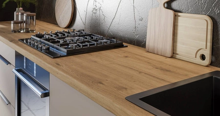 Zestaw mebli kuchennych Soela 330 cm eleganckie szafki kuchenne o subtelnej i naturalnej kolorystyce metalowe uchwyty krawędziowe