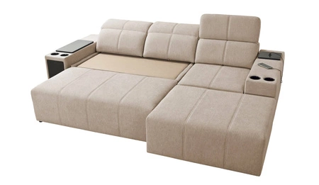 Narożnik z funkcją spania Tesalia miodowy prawostronny nowoczesny design komfortowe przesuwane oparcie szuflada w boczku mebla