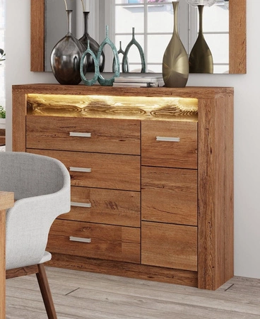 Komoda z szufladami Indiana 108 cm jesion jasny elegancka stylistyka komody ozdobna deska na froncie komody oświetlona LED