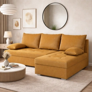 Narożnik z funkcją spania Fasti musztardowy uniwersalny w ustawieniu narożnik z pojemnikiem na pościel gwarancja najwyższego komfortu