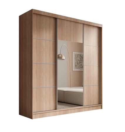 Szafa przesuwna z lustrem Keri 200 cm dąb sonoma jasny funkcjonalna szafa z dekoracyjnymi srebrnymi listwami wewnętrzne szuflady