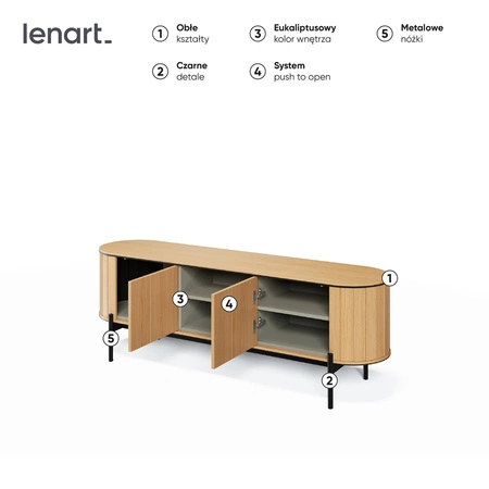 Szafka RTV Rotto 168 cm dąb vincenza stylowa szafka pod telewizor unikalny kształt z zaoblonymi krawędziami wysoka metalowa podstawa