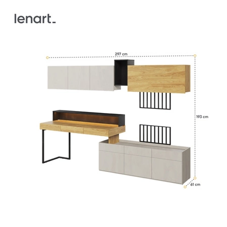 Meblościanka Teen Flex hikora naturalna / silk flou / raw steel designerskie meble idealne dla nastolatka lub do aranżacji biura