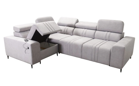 Narożnik z funkcją spania Castel II brązowy lewostronny komfortowy narożnik z regulowanymi zagłówkami pojemnik na pościel