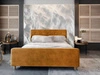 Łóżko tapicerowane Isara 180x200 musztardowy z pojemnikiem w nowoczesnym skandynawskim stylu z charakterystycznym wezgłowiem oraz z zanóżkiem