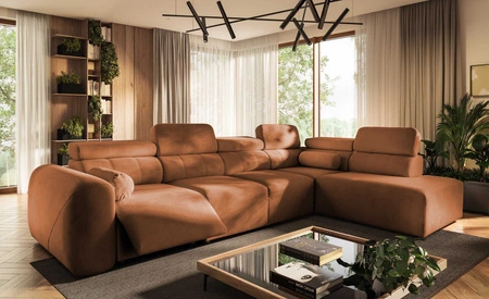 Narożnik z funkcją spania Cantare XI Lux ceglasty prawostronny komfortowy narożnik do salonu z podnoszonym podnóżkiem miękka tkanina