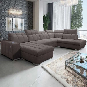 Narożnik z funkcją spania Luigi VI brązowy lewostronny stylowy narożnik rozkładany z pojemnikami na pościel pokryty miękką tkaniną