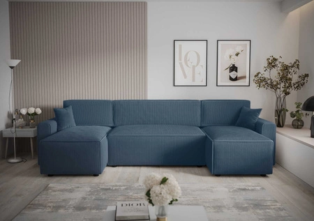 Narożnik z funkcją spania Brandon U Bis niebieski pojemnik na pościel trójwymiarowa tkanina o wyrazistych prążkach miękkie podłokietniki