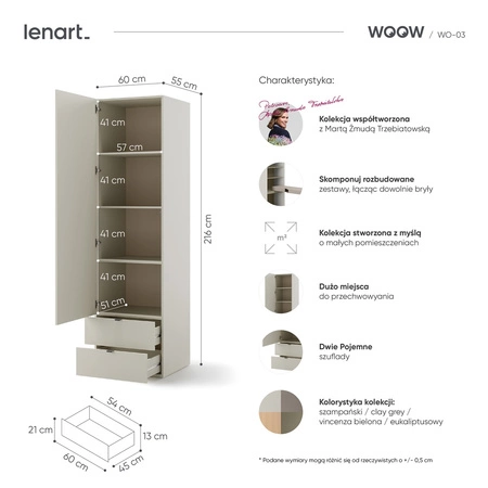 Szafa Woow 60 cm szampańska mała modułowa szafa z szufladami wyposażona w funkcjonalny układ półek idealna do niewielkich przestrzeni