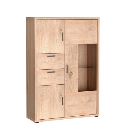 Witryna szeroka Grand 116 cm dąb cremona elegancka i funkcjonalna witryna z zaoblonymi detalami elementy z bezpiecznego szkła metalowe uchwyty