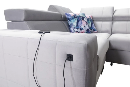 Narożnik z funkcją spania Hampton IV jasny brąz prawostronny funkcjonalny narożnik z dostawką która sprawdzi się jako podnóżek