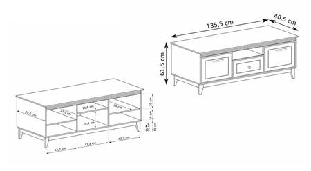 Szafka RTV Windsor 136 cm beżowy / dąb modna szafka z szufladą ozdobne frezowane listwy na frontach drewniane nogi metalowe uchwyty
