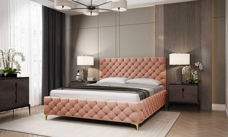 Łóżko tapicerowane Fiano 140x200 łososiowe stylowe łóżko z pojemnikiem na pościel wygodny zagłówek zachwyca eleganckim designem