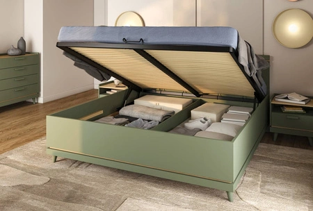 Łóżko Scandia 180x200 cm zielone z pojemnikiem na pościel nowoczesny styl łóżko na wysokich nogach do sypialni