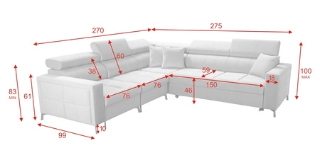 Narożnik z funkcją spania Nausa IV grafitowy lewostronny velvet dekoracyjne przeszycia na siedzisku narożnik z pojemnikami na pościel