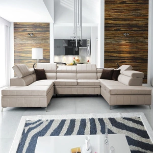 Narożnik z funkcją spania Rava VIII jasny beż prawostronny elegancki design gustowna bryła z gwarancją komfortu miękka tkanina