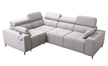 Narożnik z funkcją spania Castel II grafitowy lewostronny komfortowy narożnik z regulowanymi zagłówkami pojemnik na pościel