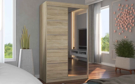 Szafa przesuwna z lustrem Nicea 120 cm dąb sonoma jasny pojemna szafa do sypialni z ozdobnymi listwami ergonomiczny układ wnętrza