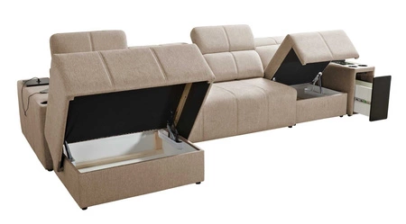 Narożnik z funkcją spania Tesalia XII miodowy lewostronny nowoczesny design komfortowe przesuwane oparcie szuflada w boczku mebla