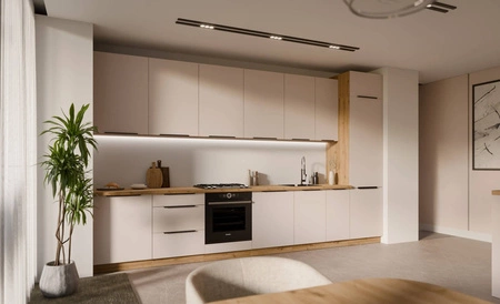 Zestaw mebli kuchennych Soela 390 cm doskonałe szafki kuchenne do nowoczesnych aranżacji subtelna i naturalna kolorystyka