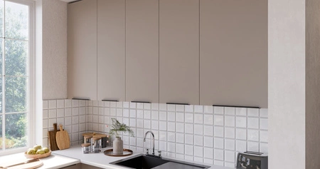 Zestaw mebli kuchennych narożny Fiuggi Wh 290x230 cm stylowe szafki kuchenne z frontami wykonanymi w technologii anti fingerprint