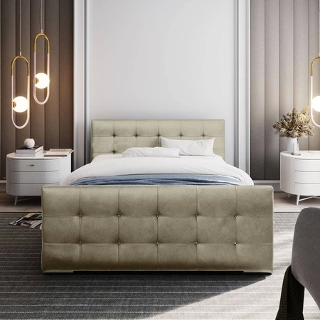 Łóżko tapicerowane Alford 180x200 beżowe z pojemnikiem w nowoczesnym skandynawskim stylu z pikowanym zagłówkiem oraz zanóżkiem wykończone kryształkami