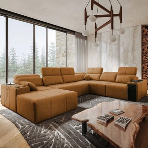 Narożnik z funkcją spania Tesalia VIII miodowy lewostronny komfortowy narożnik do salonu z innowacyjną funkcją przesuwanego oparcia