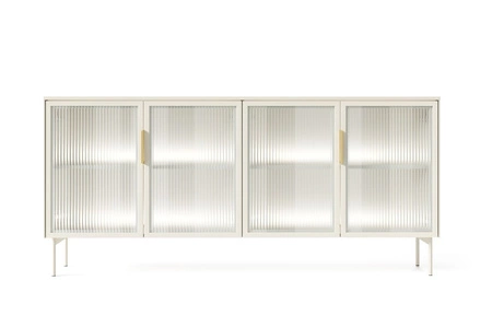 Komoda Lumi 181 cm beżowa nowoczesna komoda o prostym kształcie oryginalne fronty z hartowaną szybą ornamentową metalowe uchwyty