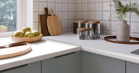 Zestaw mebli kuchennych narożny Treviso Wh 290x230 cm stylowe szafki kuchenne z frontami wykonanymi w technologii anti fingerprint