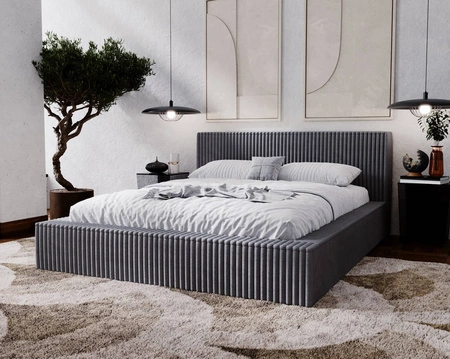 Łóżko tapicerowane Tilo 160x200 szare nowoczesny design łóżko z pojemnikiem na pościel z komfortowym zagłówkiem tkanina z wyrazistymi prążkami
