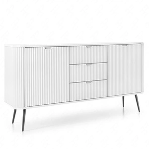 Komoda z szufladami Zoya 168 cm biała elegancki design owalny kształt bryły osadzony na metalowych nogach gustowny ryflowany front