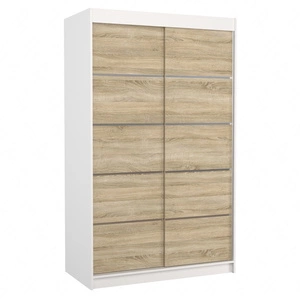 Szafa przesuwna Benisso 120 cm biały / dąb sonoma jasny praktyczna szafa do sypialni fronty wykończone poziomymi srebrnymi listwami