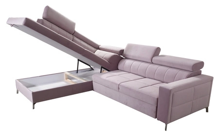 Narożnik z funkcją spania Nausa III czarny lewostronny velvet stylowy komfortowy narożnik regulowane zagłówki pojemnik na pościel