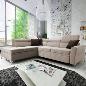 Narożnik z funkcją spania Rava III jasny beż lewostronny velvet komfortowy narożnik z regulowanymi zagłówkami i pojemnikiem na pościel