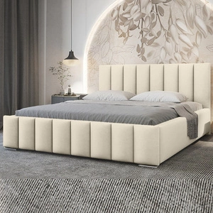 Łóżko tapicerowane Foggo 140x200 beżowe stylowe łóżko z pojemnikiem na pościel wygodny zagłówek zachwyca eleganckim designem