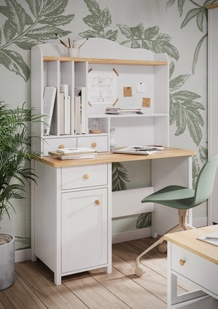 Biurko Story 110 cm biały / dąb nash modne biurko z szufladą do pokoju młodzieżowego praktyczny i ergonomiczny mebel z obszernym blatem