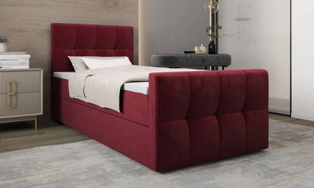 Łóżko kontynentalne Manhattan 90x200 bordowe w nowoczesnym skandynawskim stylu z tapicerowanym zagłówkiem i zanóżkiem łóżko z pojemnikiem