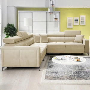 Narożnik z funkcją spania Nausa IV beżowy lewostronny velvet dekoracyjne przeszycia na siedzisku narożnik z pojemnikami na pościel