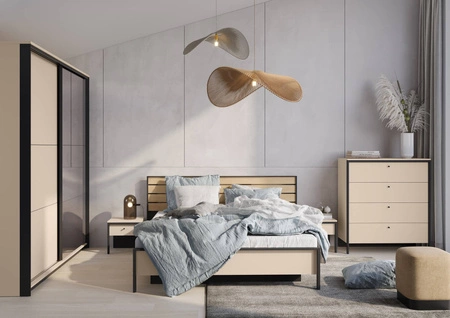 Szafa przesuwna z lustrem Enna 220 cm beżowy / czarny elegancki design doskonała szafa do sypialni lub garderoby oświetlenie LED